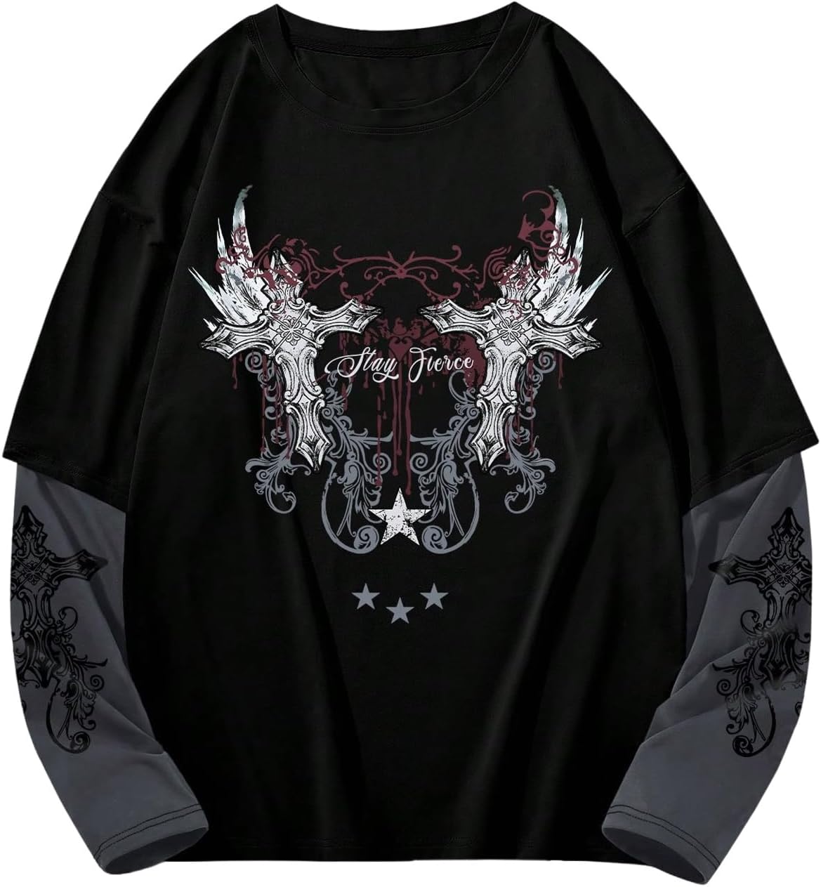 GORGLITTER Men's Y2k Goth Shirt Graphic Oversized Long Sleeve Streetwear - Black and Grey
