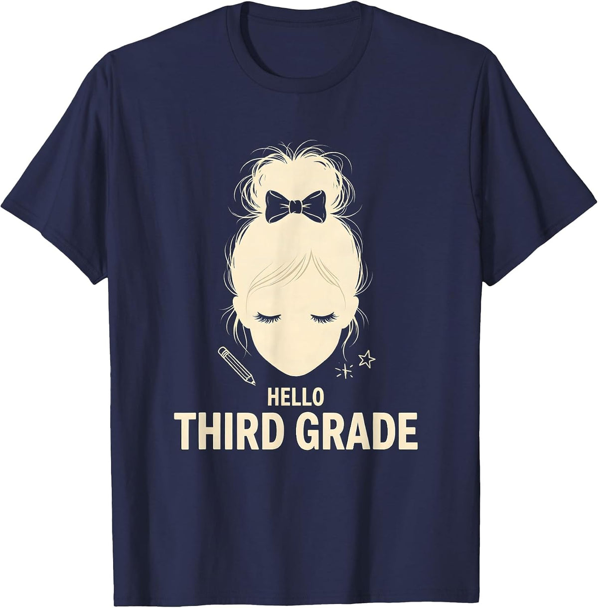 Men's Hello Third Grade Messy Bun Back To School Girls Teacher T-Shirt - Navy Blue