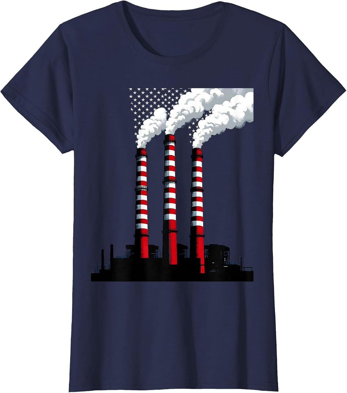 Women's Stars and Stripes Factory Smokestacks Labor Day T-Shirt - Navy Blue