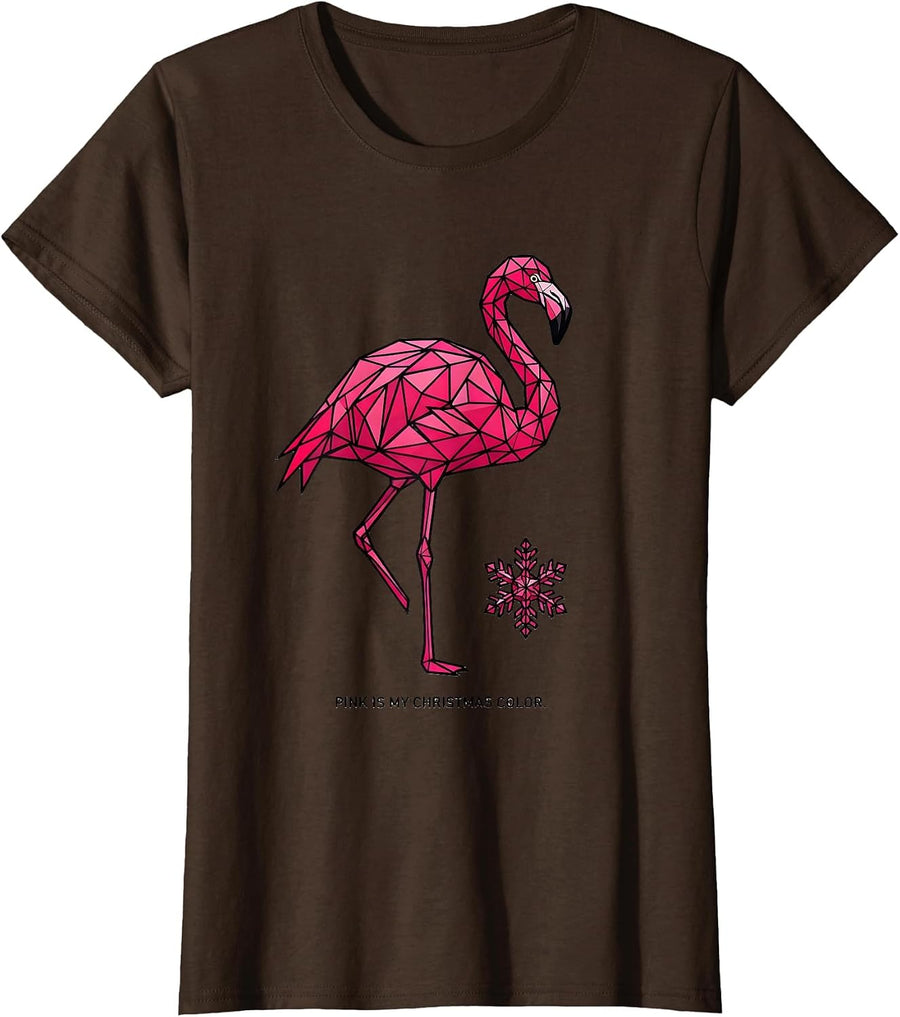 Women's Pink Is My Christmas Color Geometric Flamingo Funny Holiday T-Shirt - Brown