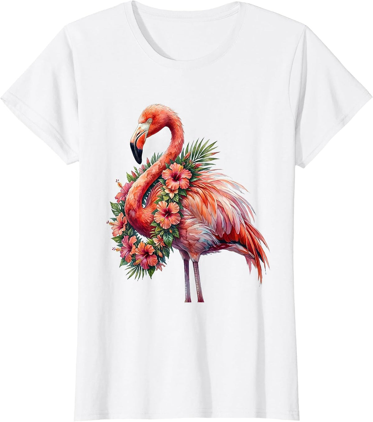 Women's Flamingo Floral Lei Hawaiian Tropical Design T-Shirt - White