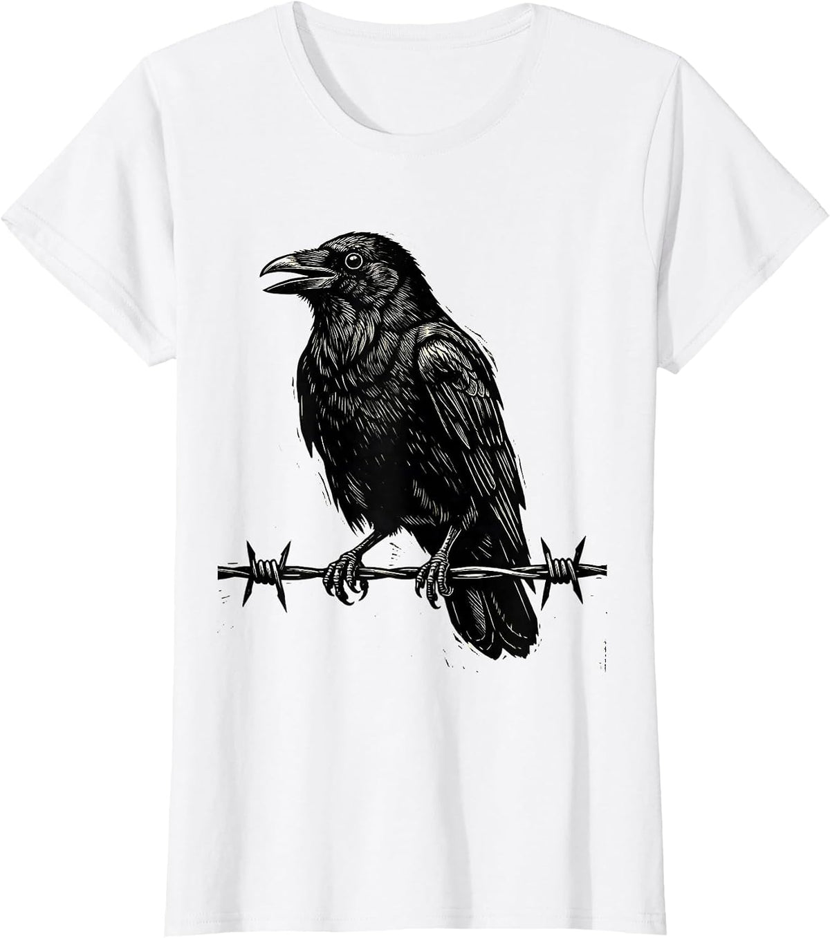 Crow Perched on Barbed Wire Fence Illustration T-Shirt - White