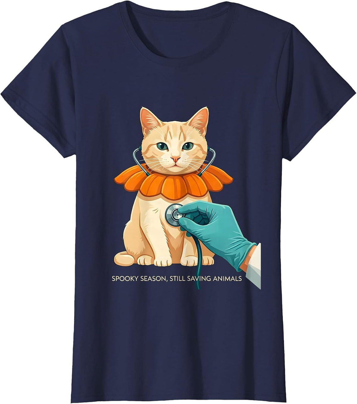 Women's Spooky Season, Still Saving Animals Funny Vet Tech Animal T-Shirt - Navy Blue