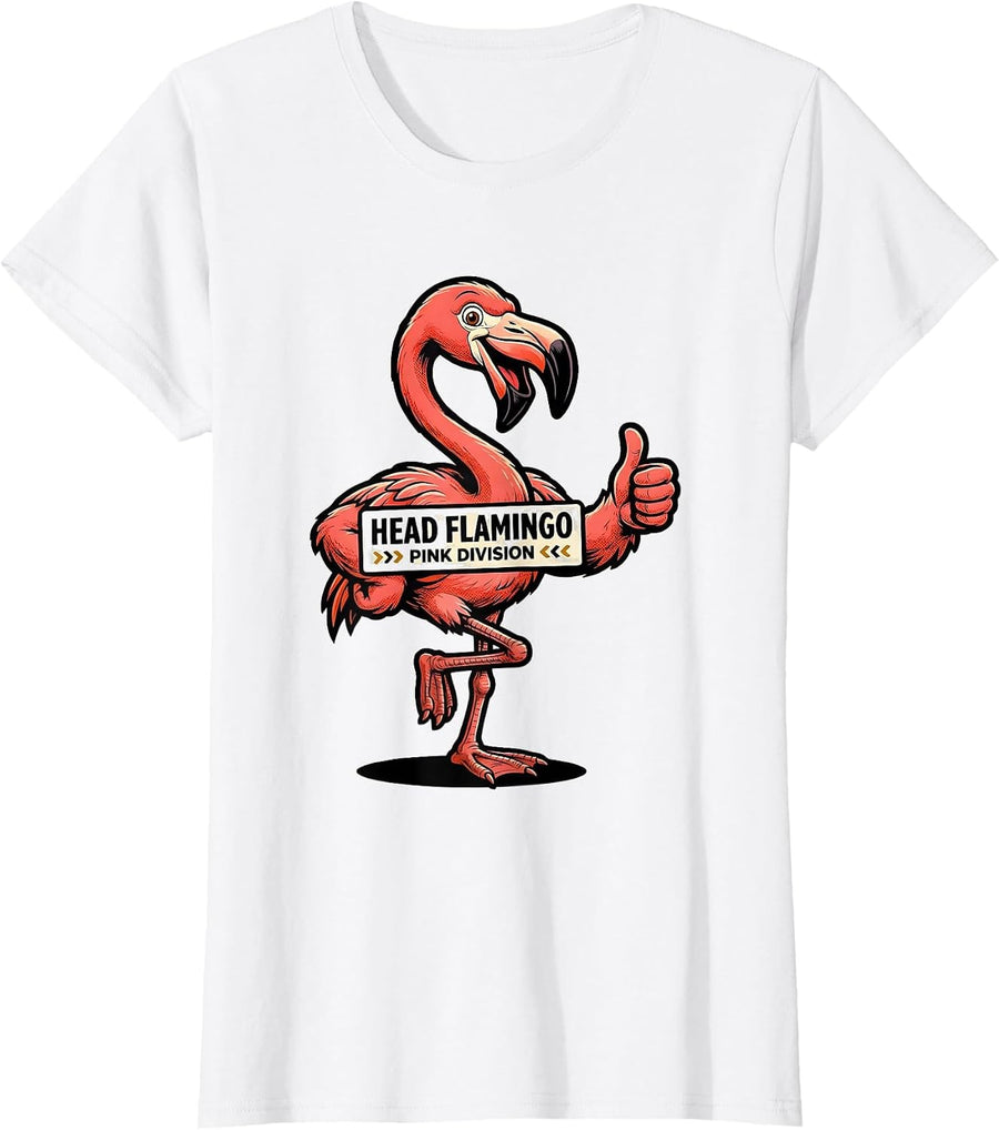 Women's Head Flamingo Pink Division Retro Advertising Mascot Novelty T-Shirt - White
