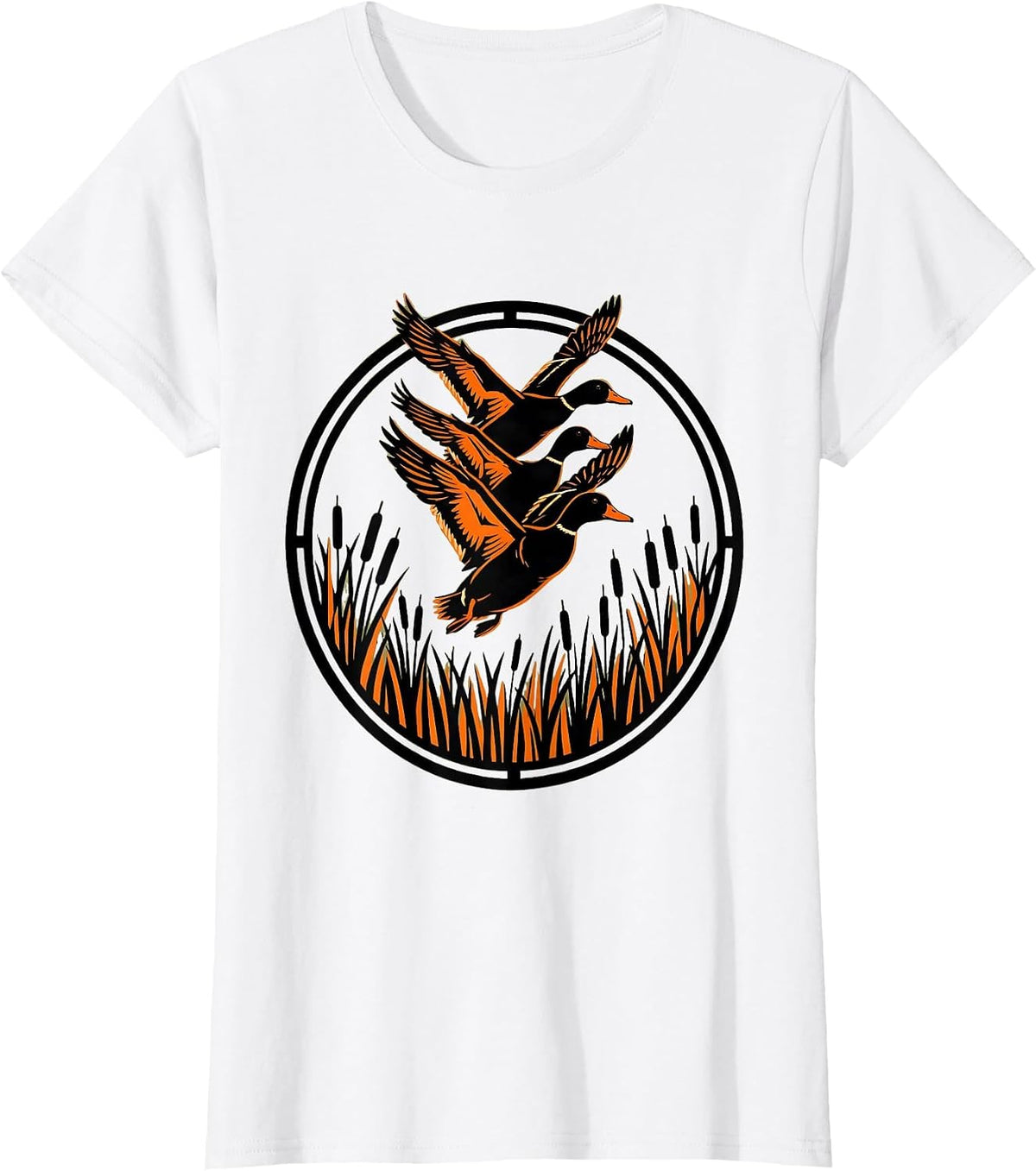 Women's Duck Camo Flock Over Misty Wetlands Illustration T-Shirt - White