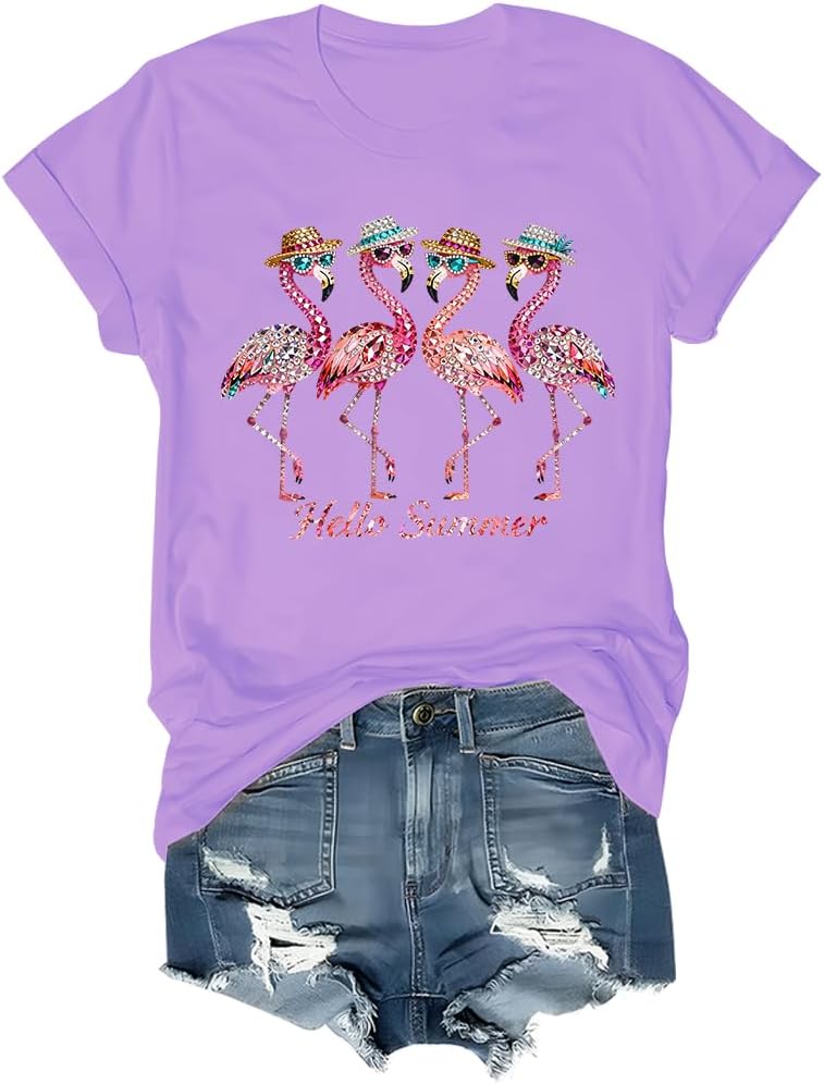 Hello Summer Flamingo Shirts, Funny Summer Vacation Flamingo Graphic T-Shirt Women - As Pictured