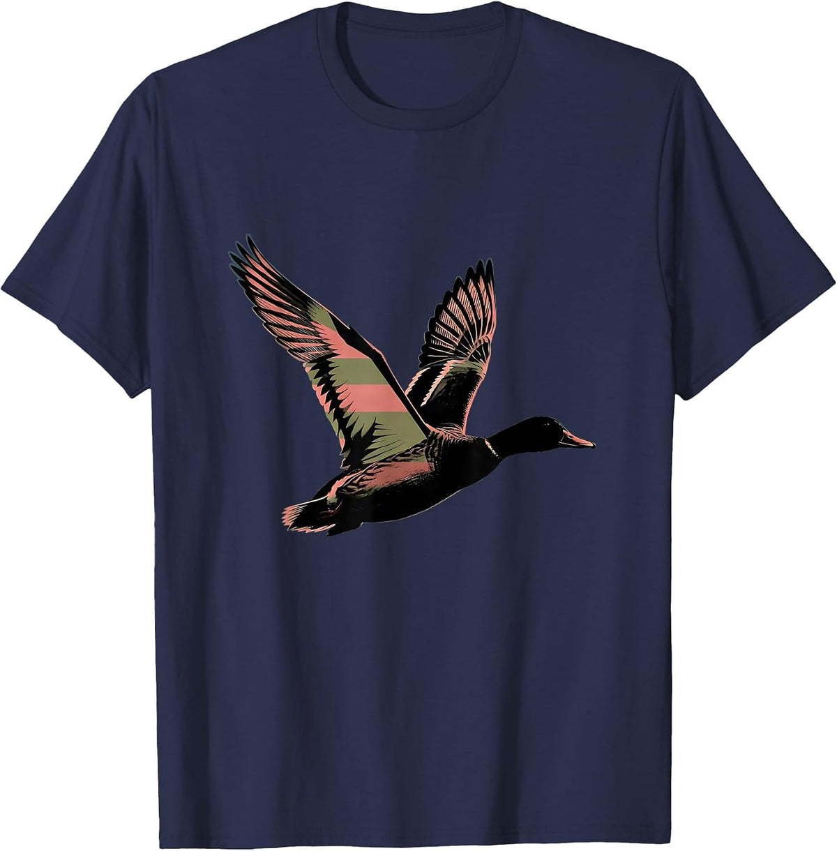 Pink Camo Duck in Flight Over Marsh at Dusk T-Shirt - Navy Blue
