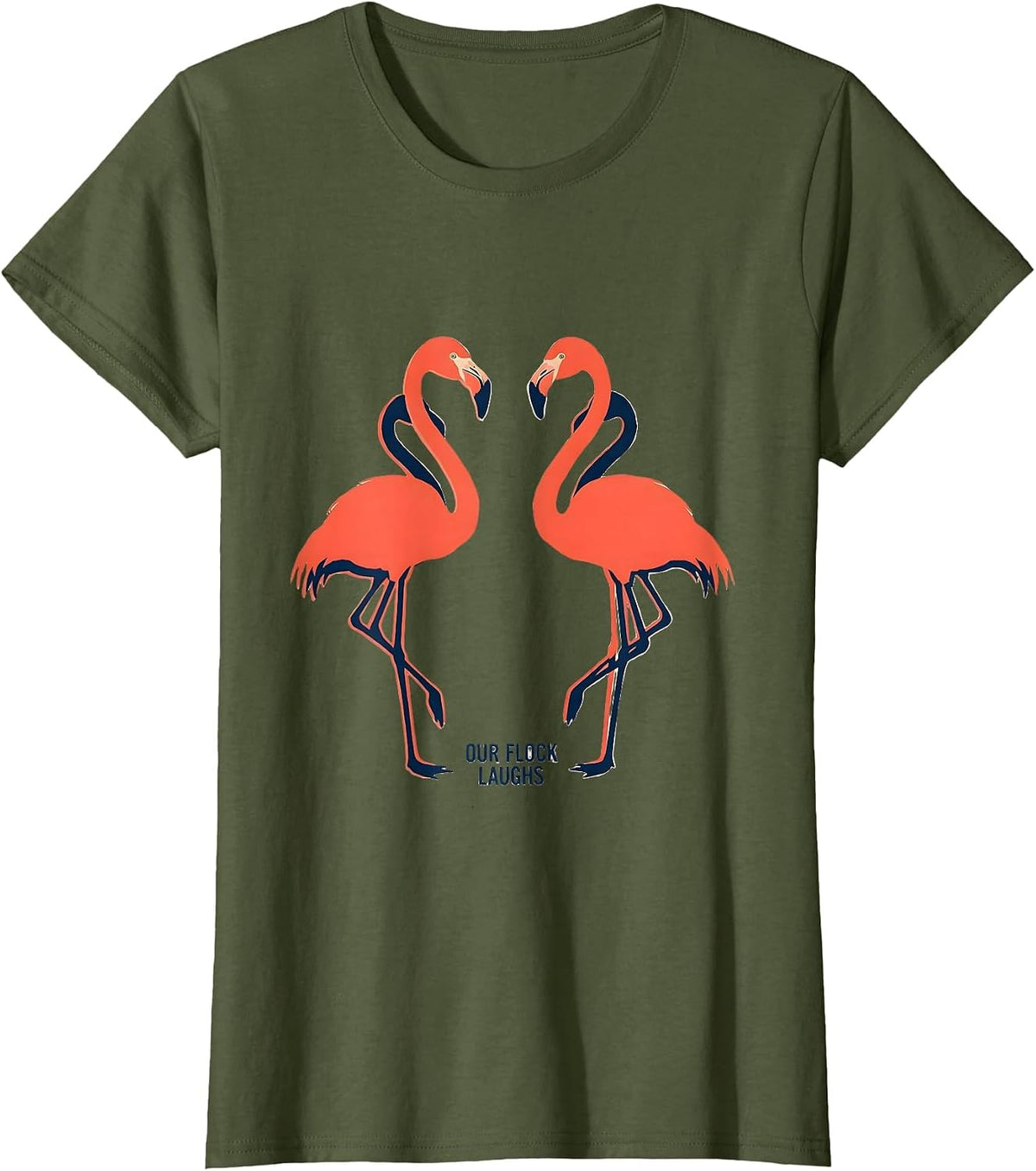 Women's Our Flock Laughs Funny Flamingo Novelty Family Vacation T-Shirt - Olive Green