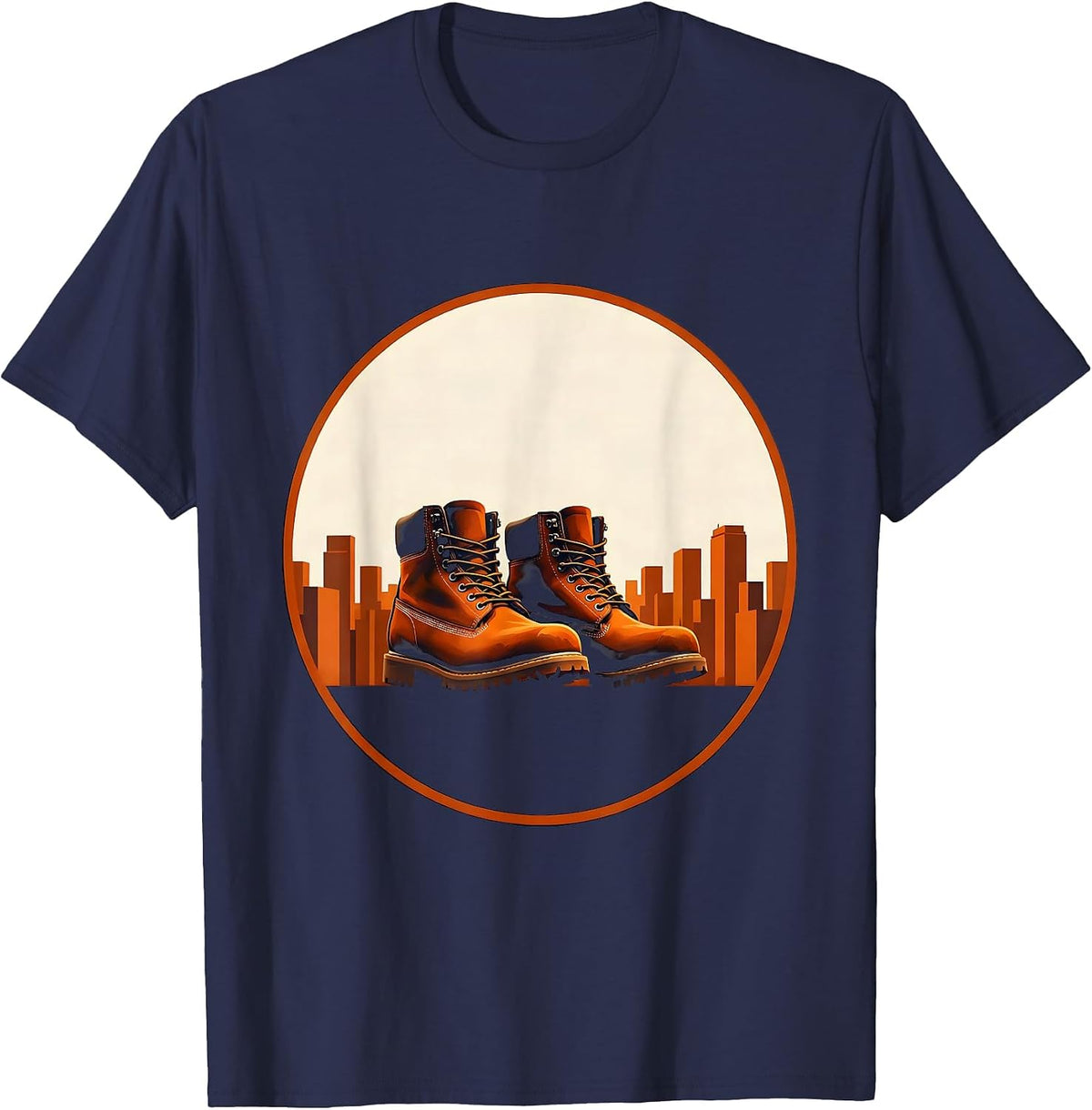 Labor Day Worker Boots City Skyline Illustration T-Shirt - Navy Blue