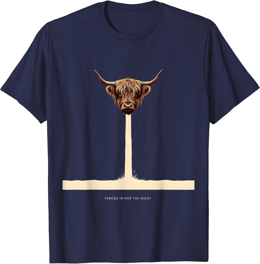 Fenced In For The Night Funny Highland Cow Sleepwear Humor T-Shirt - Navy Blue