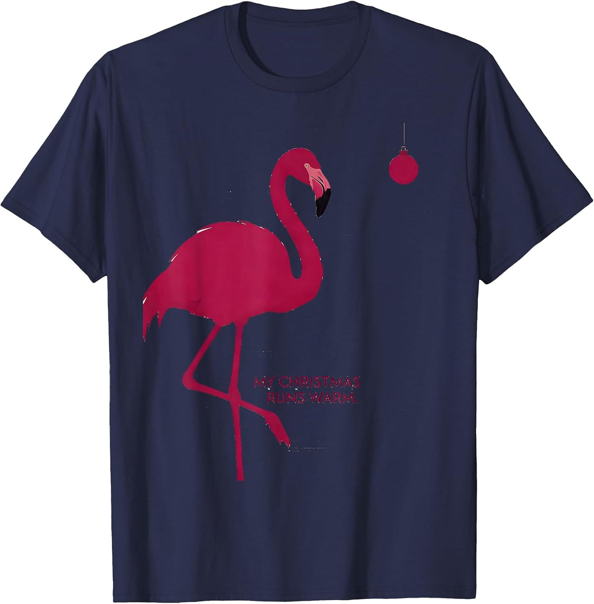 Men's My Christmas Runs Warm Funny Pink Flamingo Christmas in July T-Shirt - Navy Blue