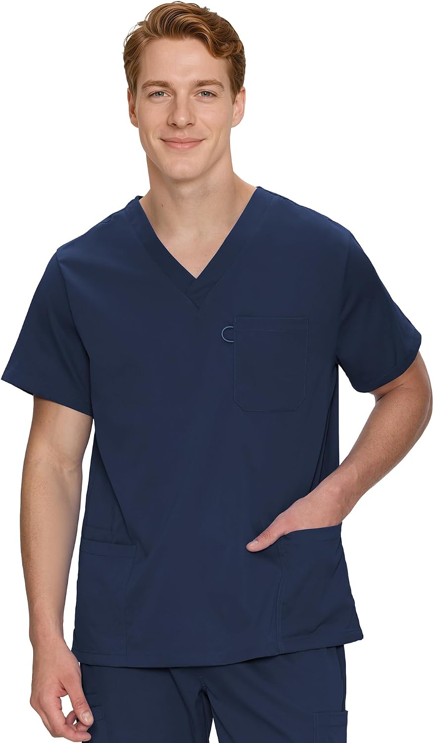 COZYFIT Scrub Tops for Men, Classic V-Neck Top with 4 Pockets - Navy Blue