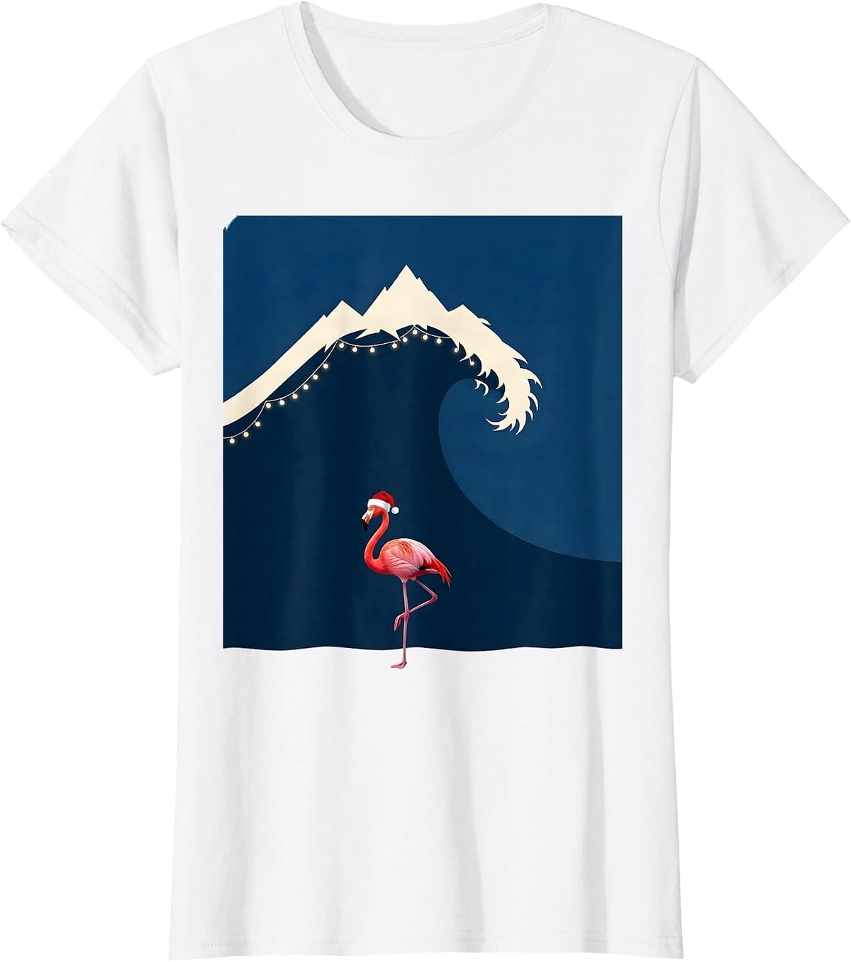 Women's Rolling Wave Mountain Pink Flamingo Santa Hat Holiday Humor T-Shirt - White