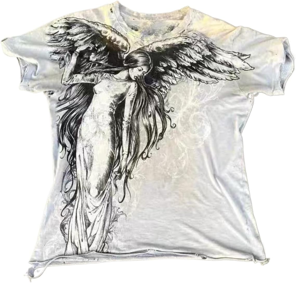 2000s Clothing Women Grunge Shirts Goth Tops Short Sleeve Vintage Tees Emo Clothes Streetwear - White Black