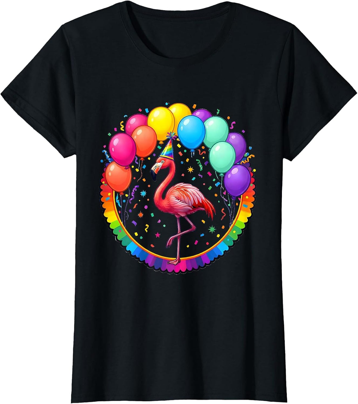 Women's Flamingo Birthday Hat Balloons Celebration Design T-Shirt - Black