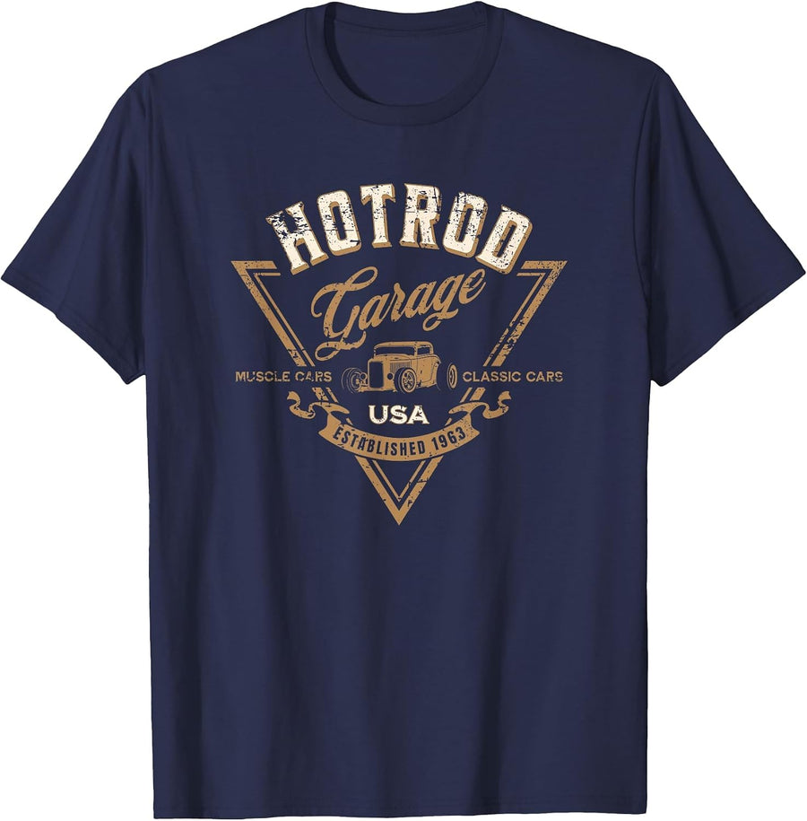 Hotrod Garage USA Classic Car Hotrod Distressed Design T-Shirt - Navy Blue