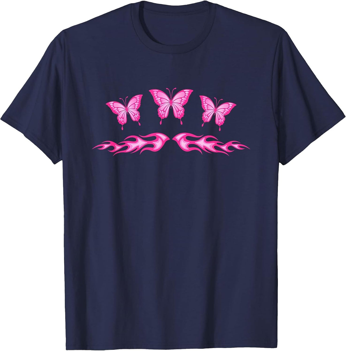 Fairycore Pink Butterfly Tattoo Flames y2k Egirl Aesthetic T-Shirt - Navy Blue