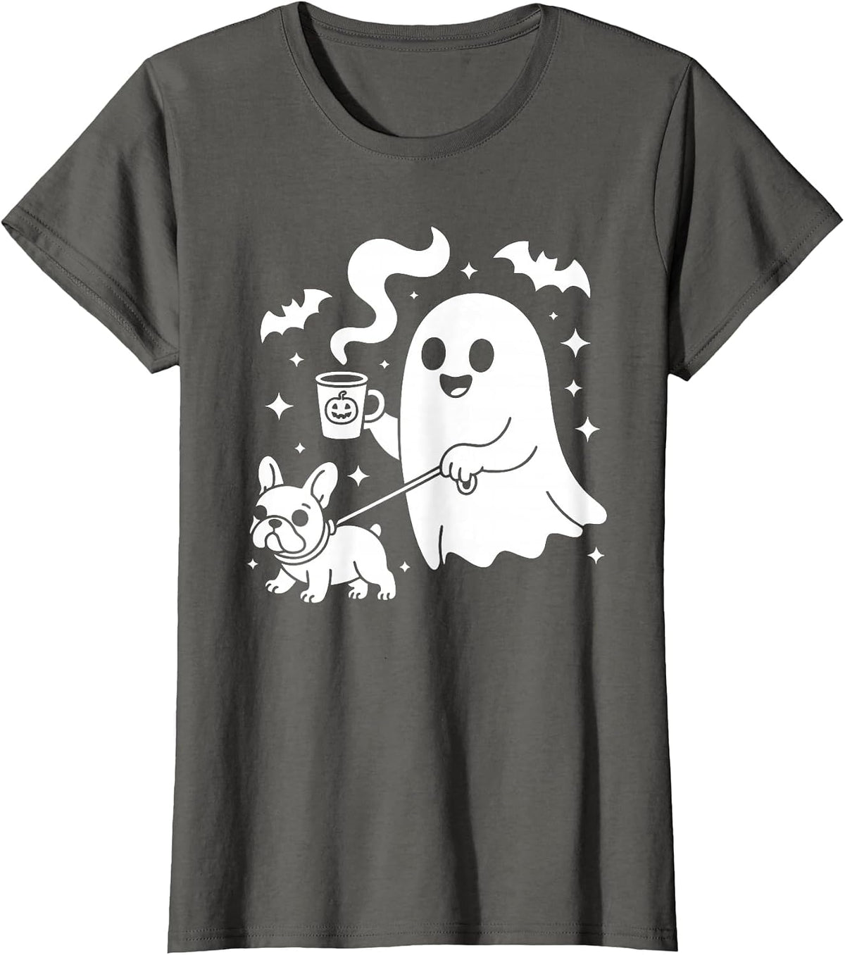 Ghost Walking Dog French Bulldog Coffee Halloween Costume T-Shirt - Asphalt Grey