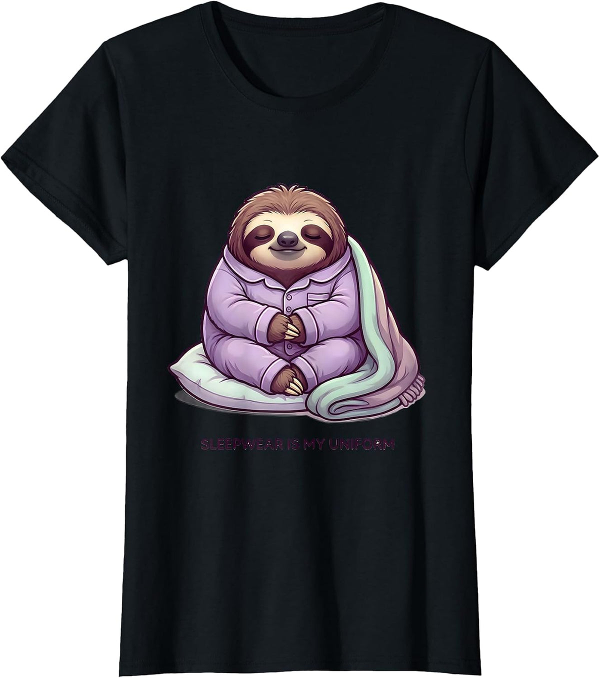 Women's Sleepwear Is My Uniform Cute Kawaii Sloth Pajama Romper T-Shirt - Black