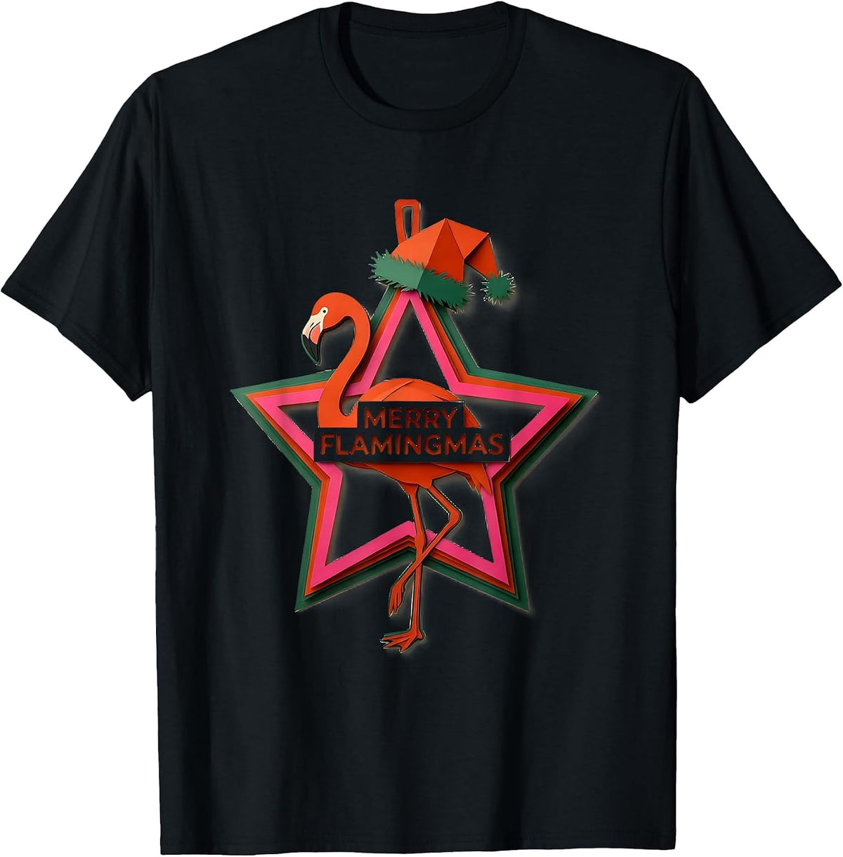 Men's Merry Flamingmas Pink Flamingo Christmas Star Ornament T-Shirt - Black