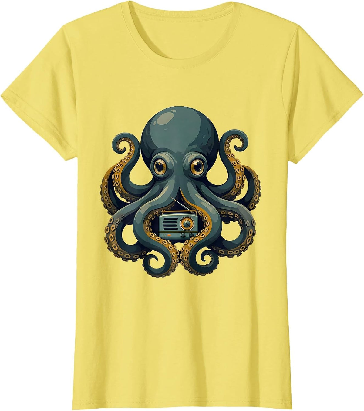Octopus Vintage Radio Midcentury Modern Sea Creature Art T-Shirt - Lemon Yellow
