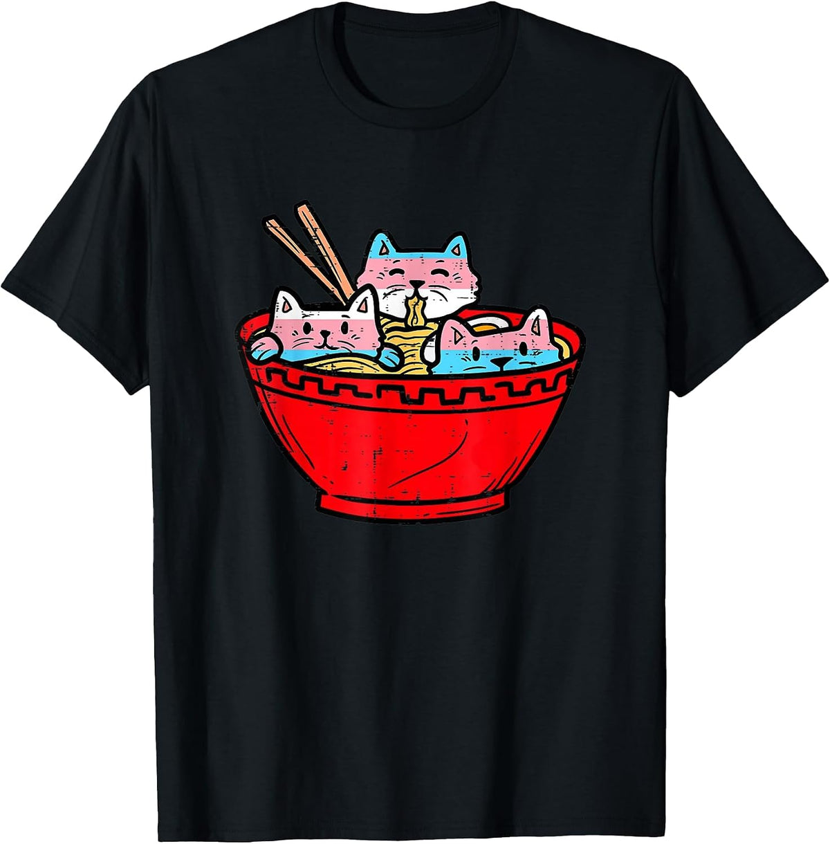 Ramen Cats Transgender Trans Pride Flag Japanese Noodle Food T-Shirt - Black