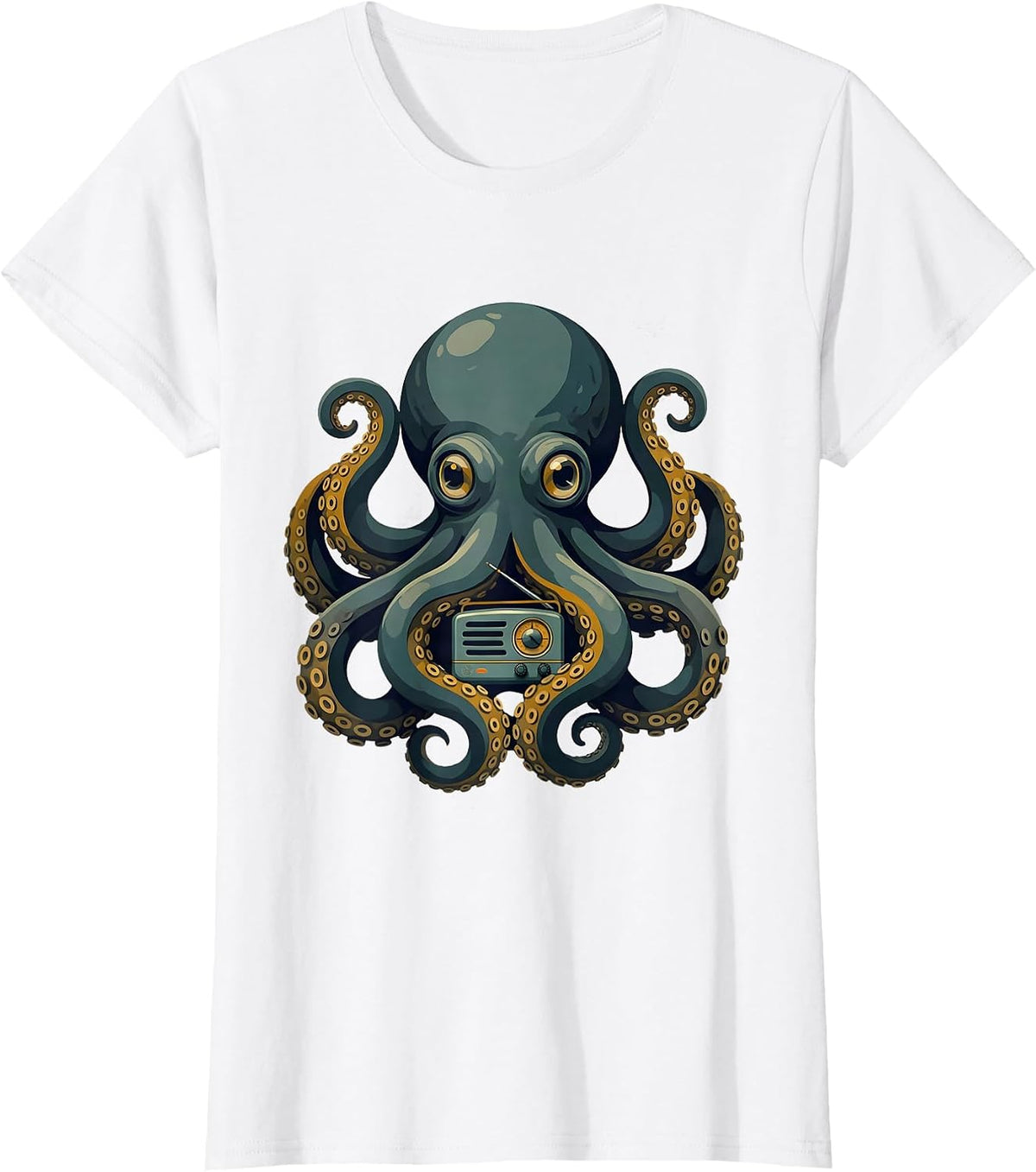Octopus Vintage Radio Midcentury Modern Sea Creature Art T-Shirt - White