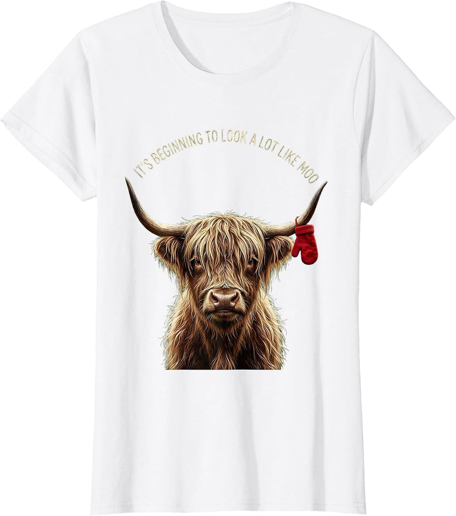 Women's It's Beginning To Look A Lot Like Moo Funny Highland Cow T-Shirt - White