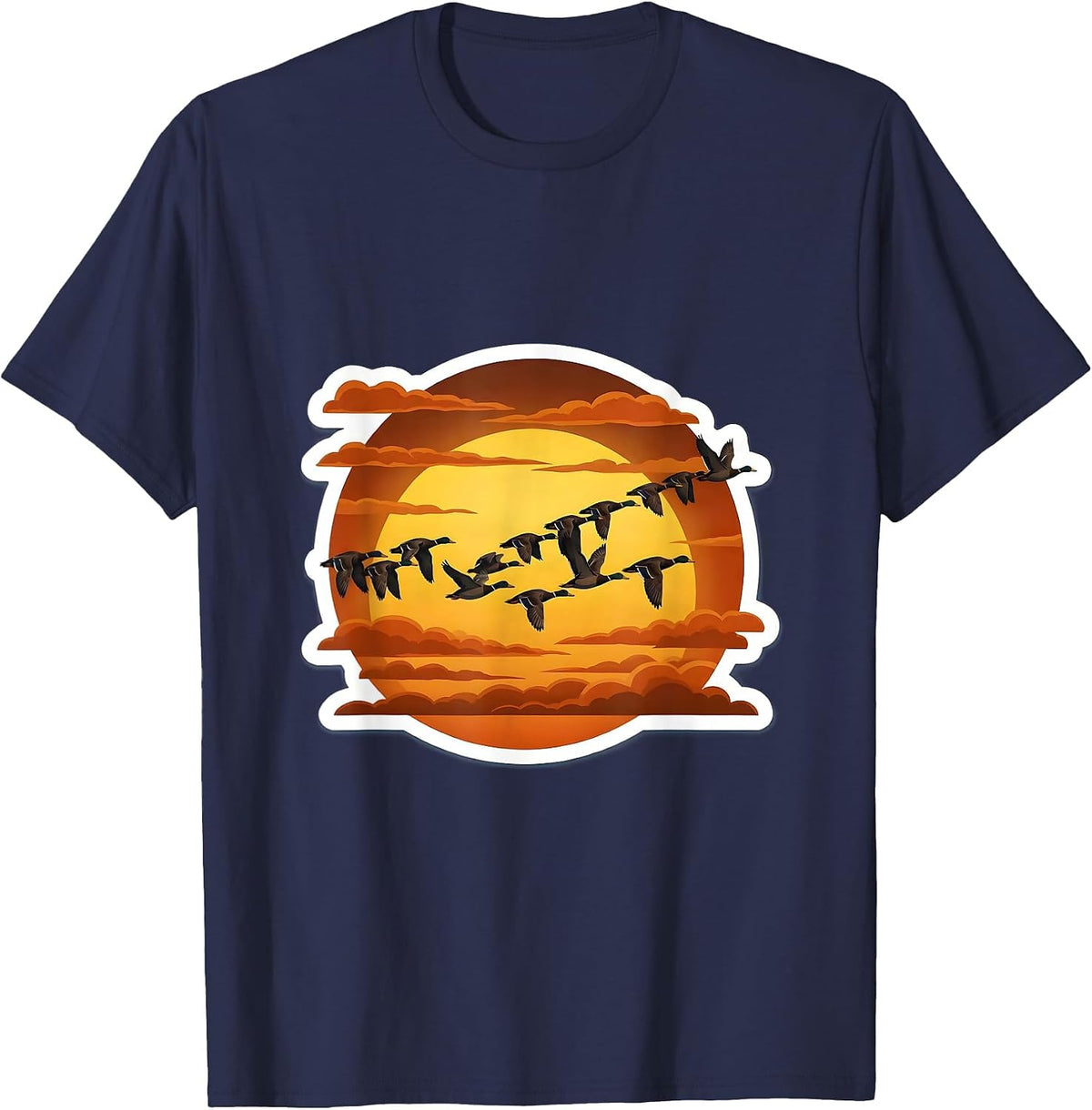 Ducks Flying in V-Formation Sunset Illustration T-Shirt - Navy Blue