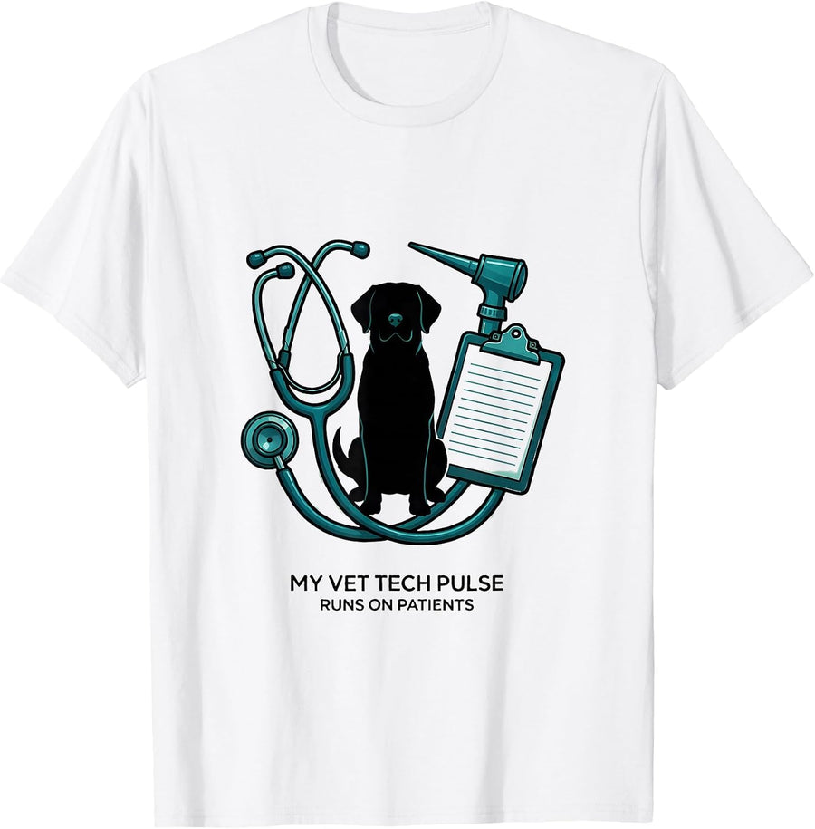 Men's My Vet Tech Pulse Runs on Patients Warm Vet Tech Gift T-Shirt - White