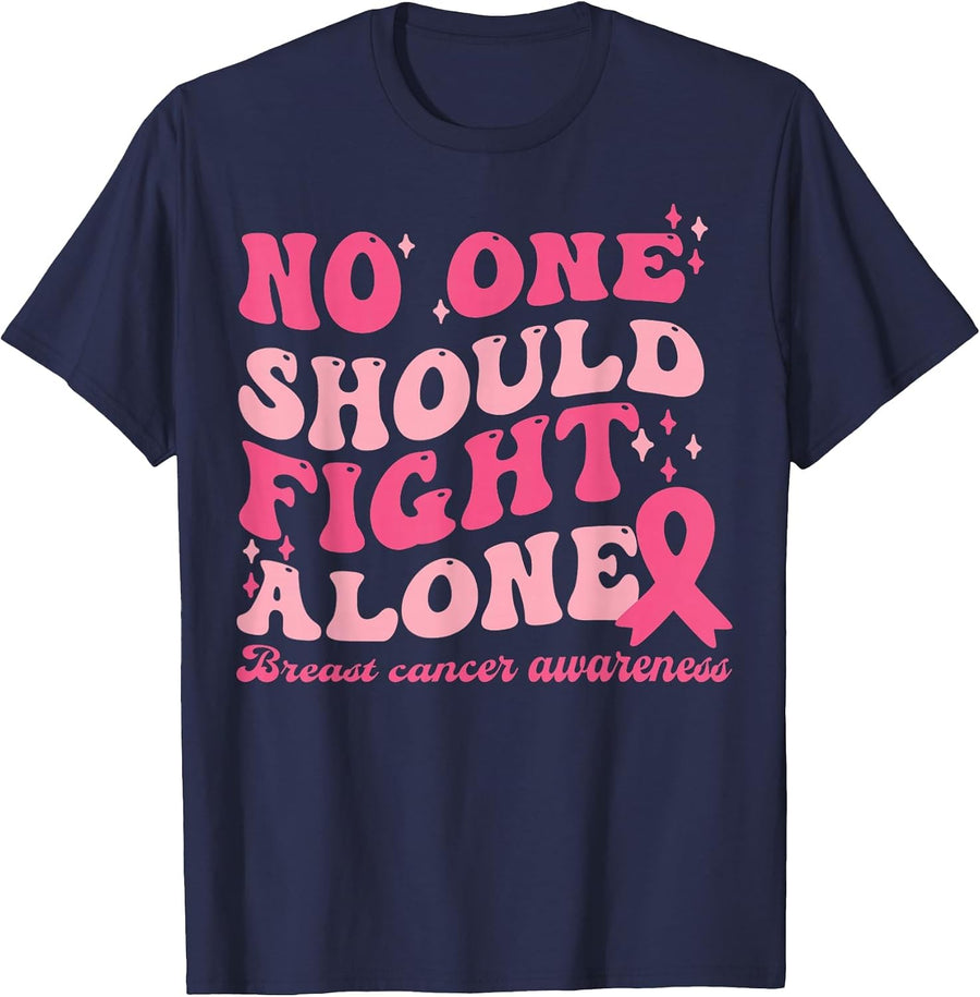 No One Should Fights Alone Breast Cancer Pink Ribbon Outfit T-Shirt - Navy Blue