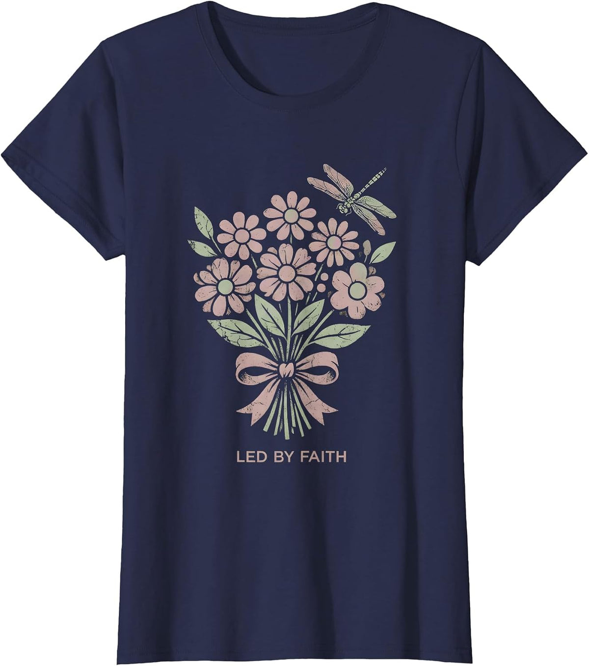 Women's Led by Faith Over Fear Inspirational Design T-Shirt - Navy Blue
