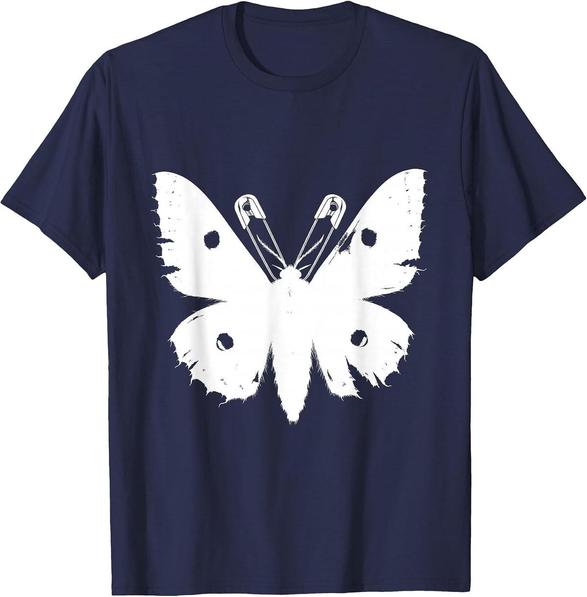 Punk Moth Safety Pin Antennae Dark Wings Design T-Shirt - Navy Blue