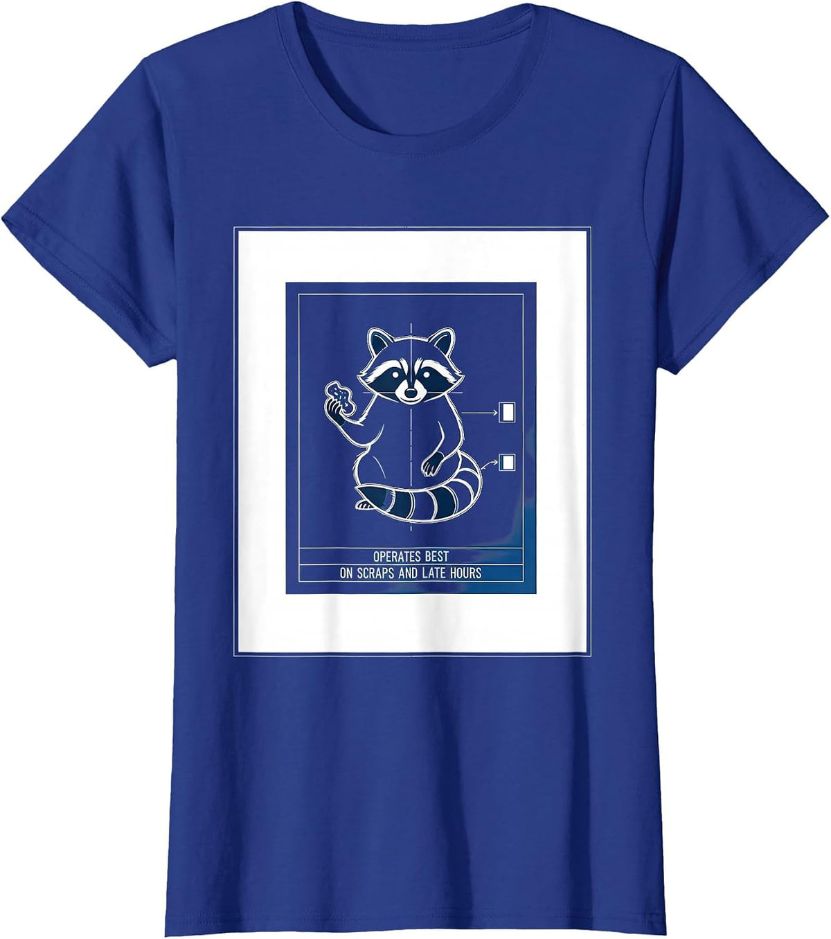 Women's Operates Best On Scraps And Late Hours Funny Raccoon Trash T-Shirt - Royal Blue
