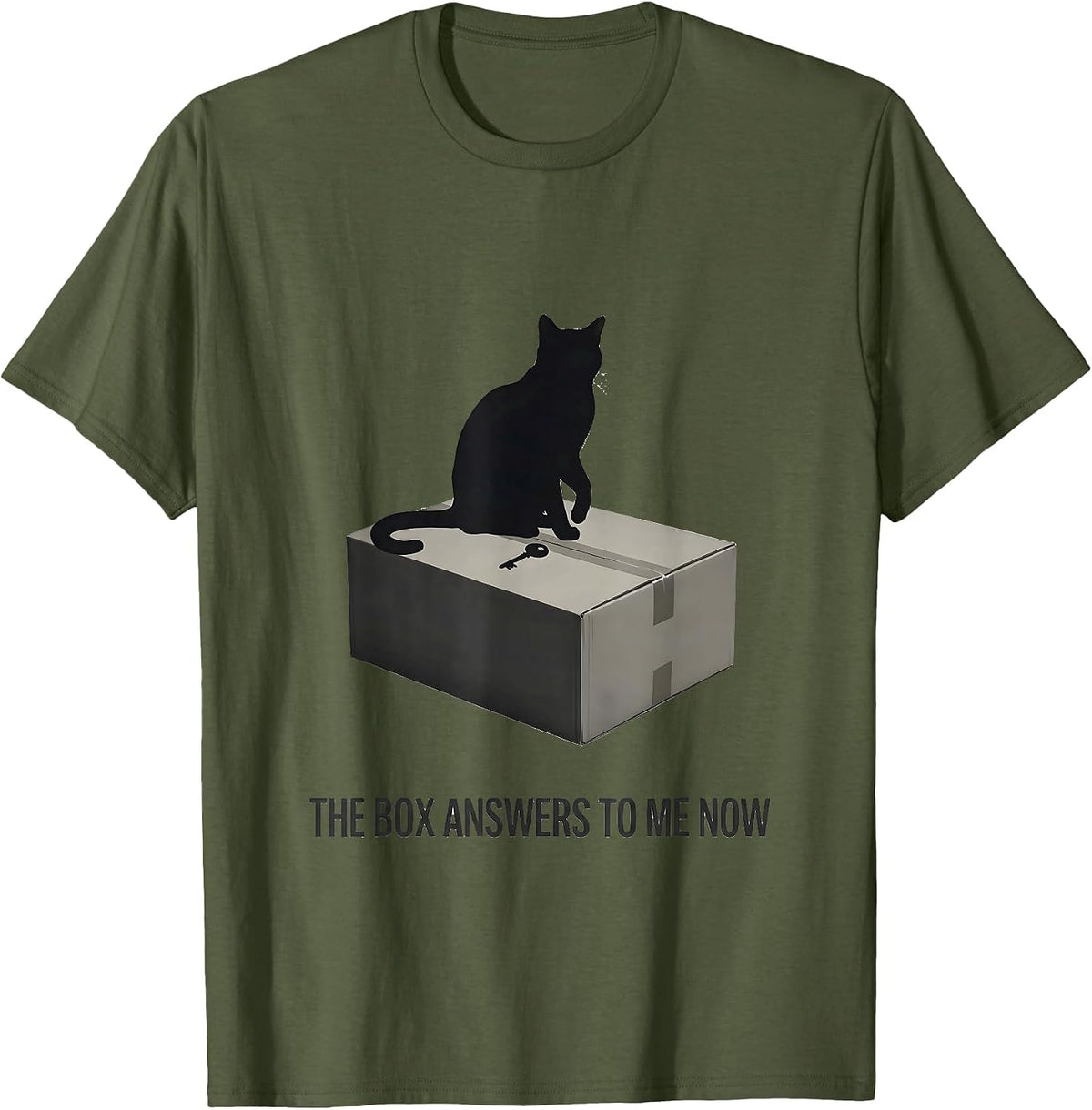 Men's The Box Answers To Me Now Funny Quantum Physics Cat Lover T-Shirt - Olive Green