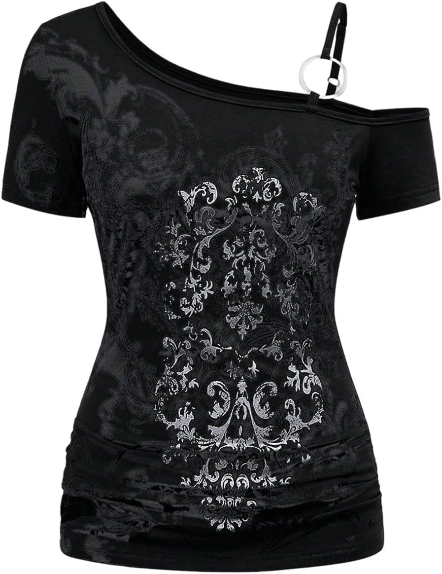 SOLY HUX Women's Gothic Tee Emo Alt Clothes Grunge Shirts Off Shoulder Tops - Black Graphic