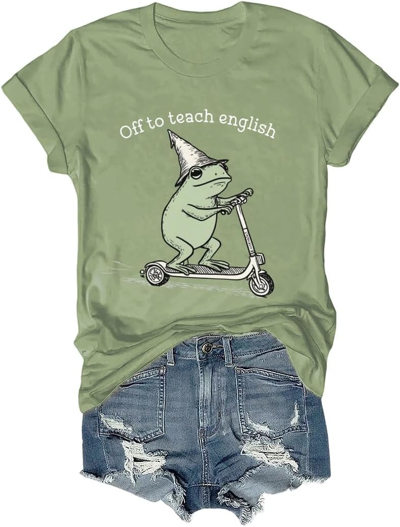 Off to Teach English T-Shirt, English Teacher Frog Tee, Back to School Classroom Humor Shirt - Crewneck Green