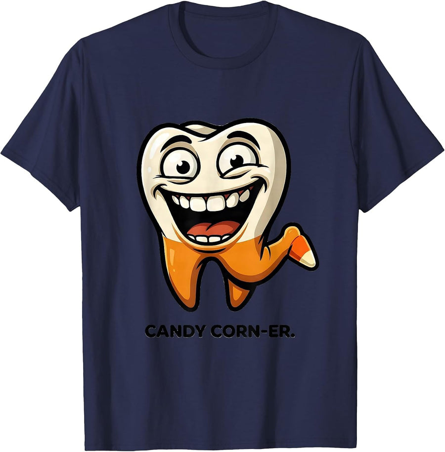 Bold Cartoon Tooth Dental Hygienist Humor T-Shirt - Navy Blue