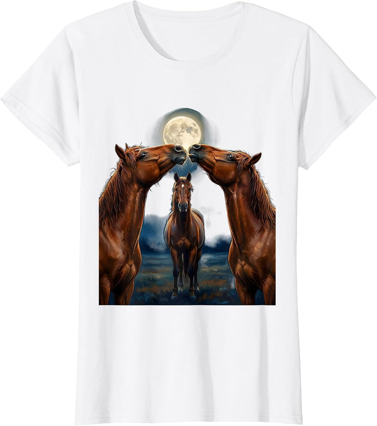 Women's Three Horses Howling At The Moon Funny Horse Lover T-Shirt - White
