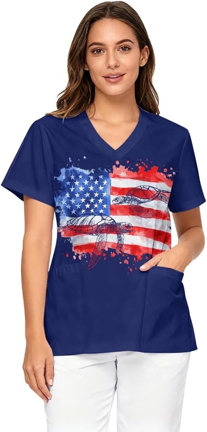 Oversized Scrubs for Women V Neck Printed Medical Scrub Tops Soft Nurse Uniform Shirts with Pockets Size S - 5XL - Blue