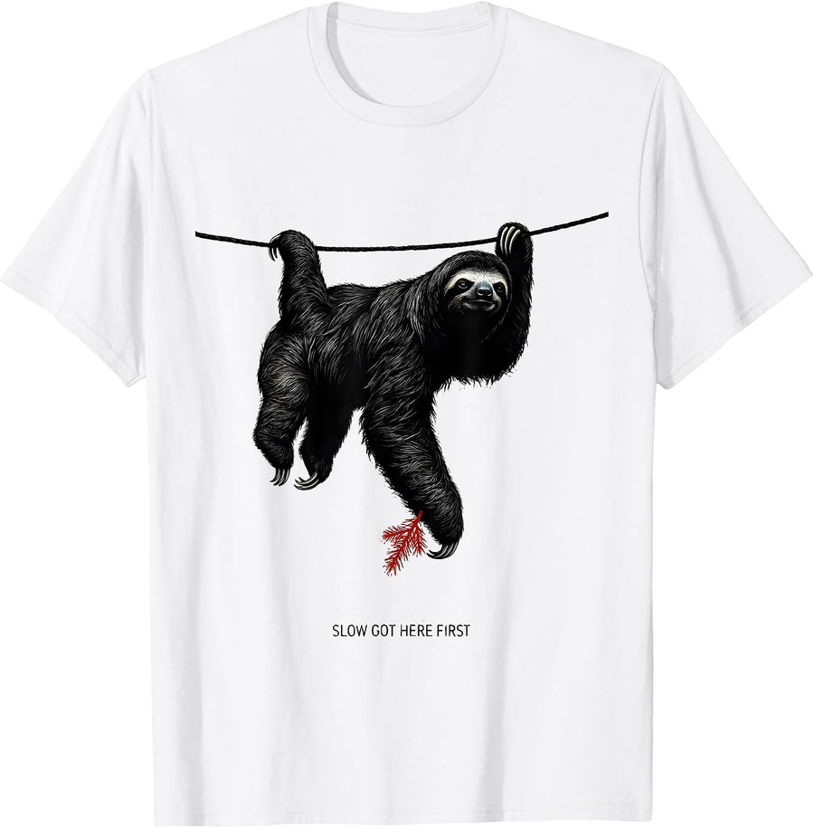 Men's Slow Got Here First Funny Sloth Christmas Humor Sloth Lover T-Shirt - White