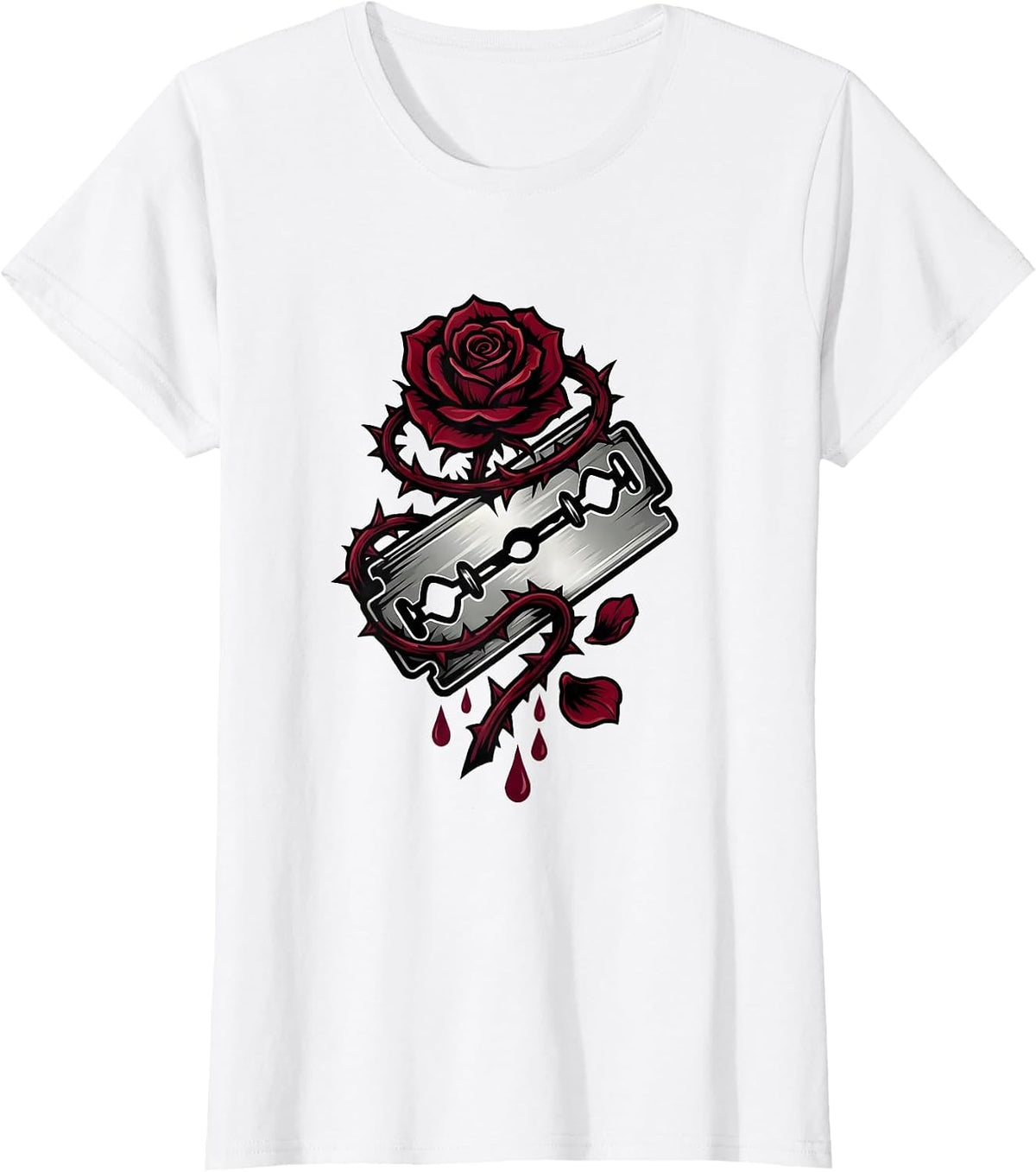 Razorblade Rose Punk Gothic Thorn Graphic Tee T-Shirt - White