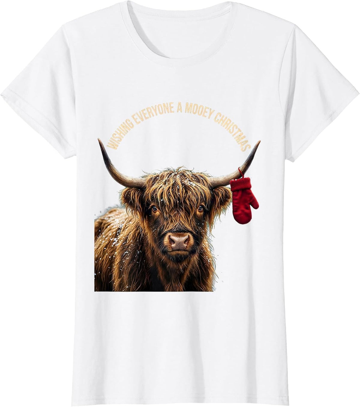 Women's Wishing Everyone A Mooey Christmas Funny Highland Cow Farm T-Shirt - White