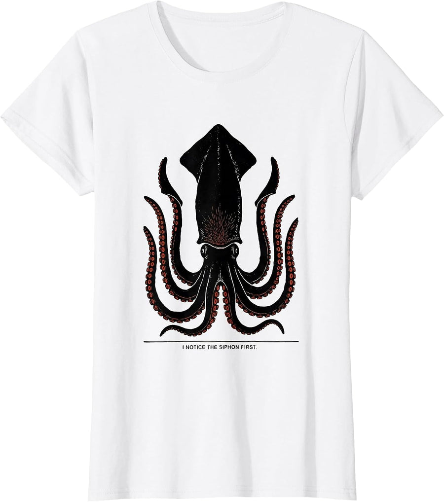 Women's I Notice The Siphon First Linocut Octopus Lover Gift T-Shirt - White