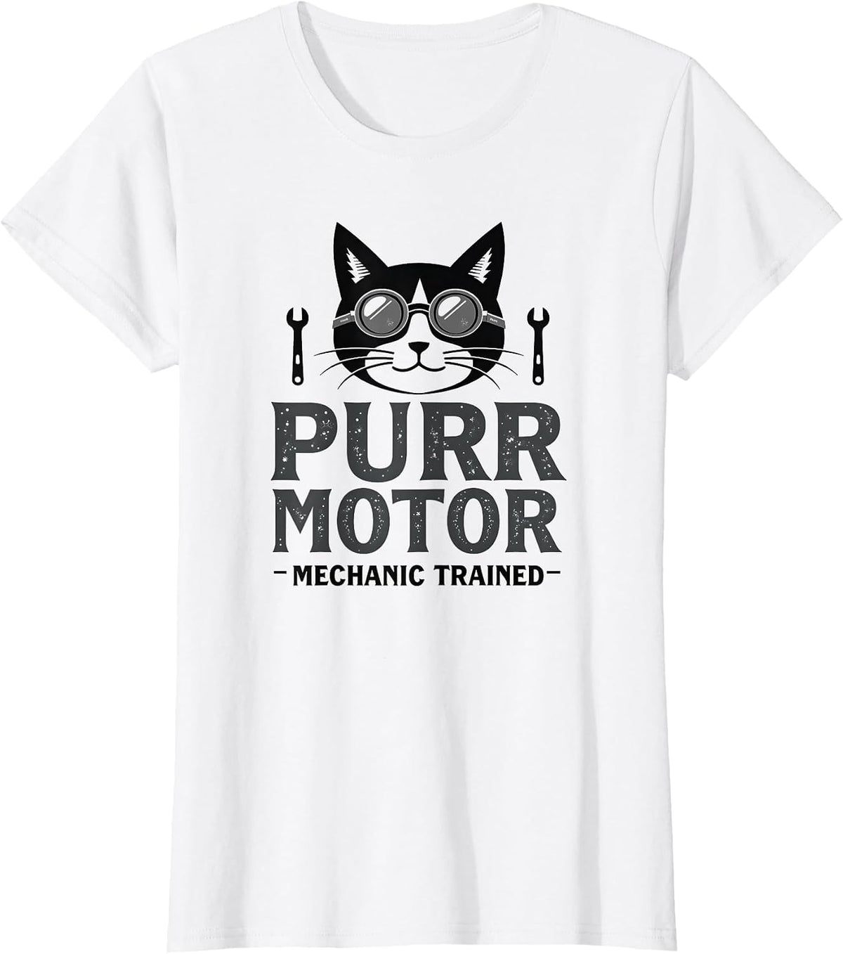 Purr Motor Mechanic Trained Cat Design T-Shirt - White