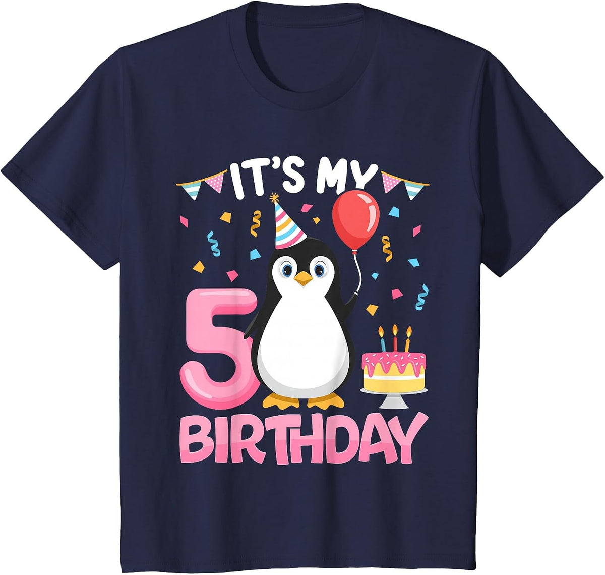 Kids Penguin Birthday 5 Year Old Girl 5th Birthday Party Five T-Shirt - Navy Blue