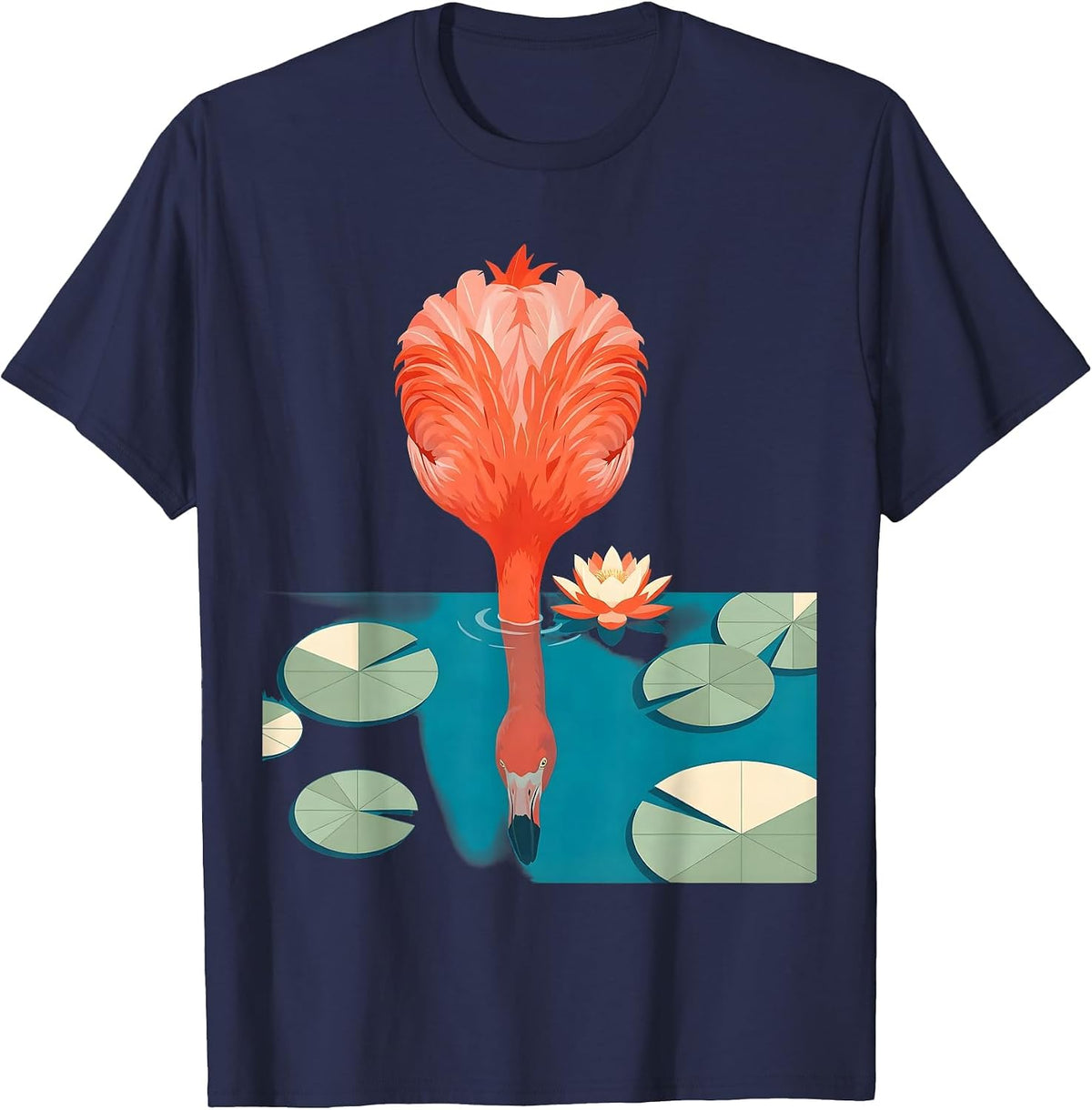 Flamingo Head in Lily Pond Graphic Design T-Shirt - Navy Blue