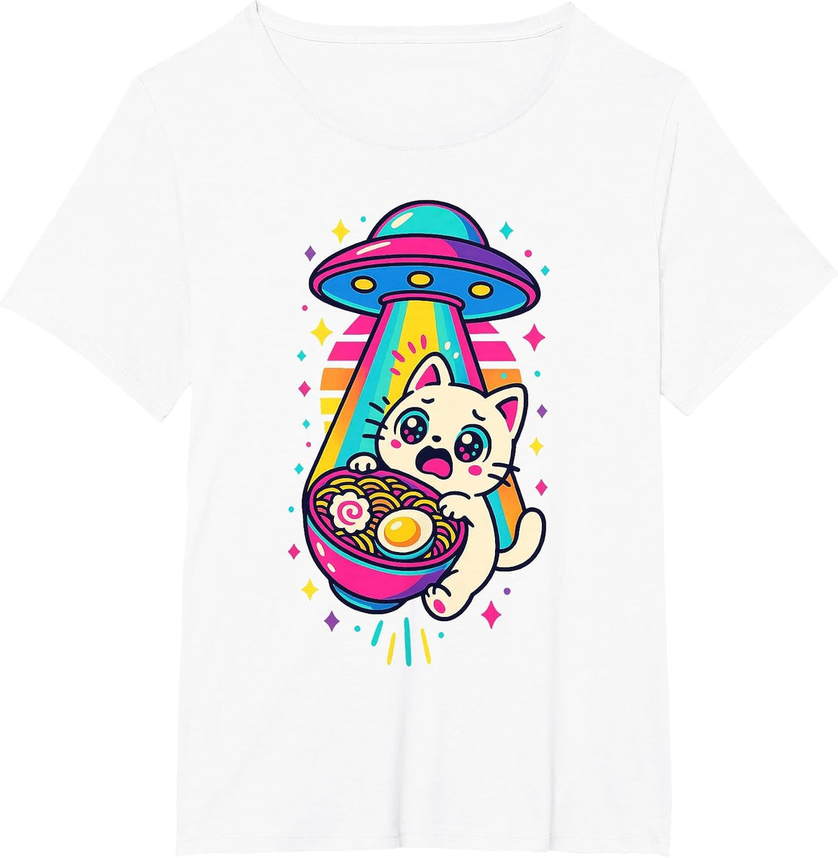 Funny Kawaii Cat Ramen UFO Japanese Anime Women Girls Teens T-Shirt - White