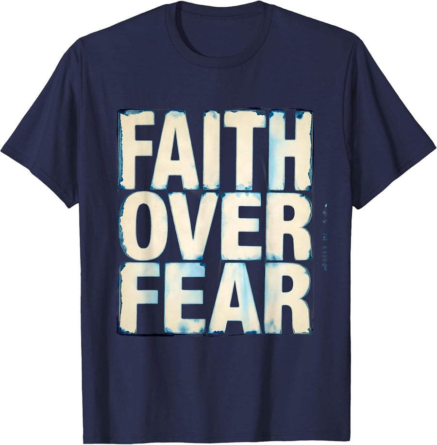 Faith Over Fear Minimal Mountain Religious Design T-Shirt - Navy Blue