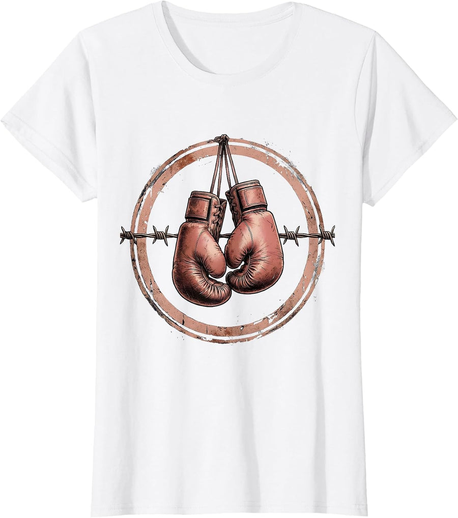 Women's Pink Boxing Gloves Barbed Wire Breast Cancer Awareness T-Shirt - White
